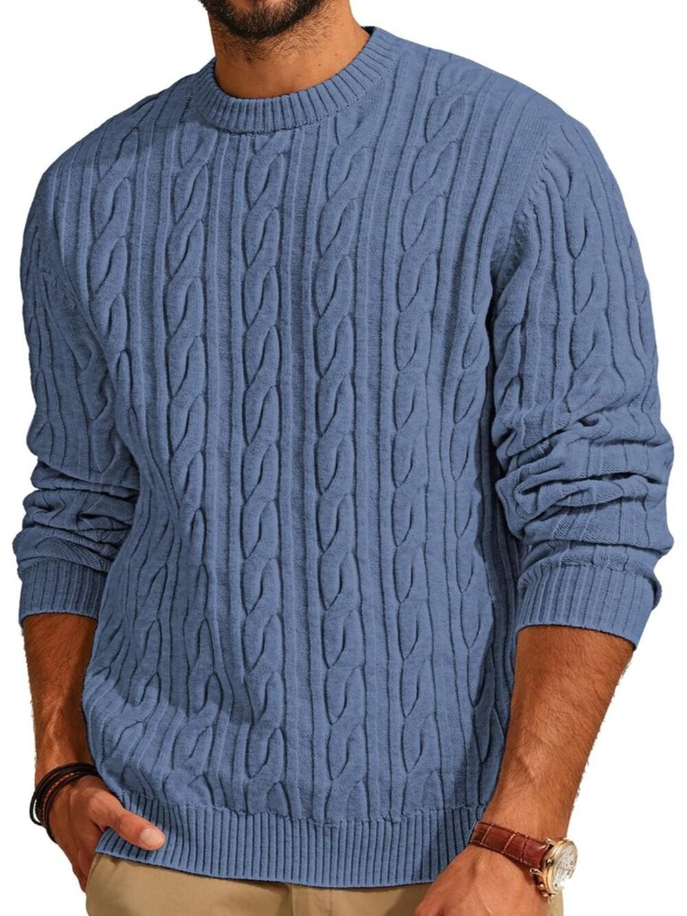 🆕Men's Blue Cable Knit Crewneck Pullover Sweater Twist Textured Knit Casual